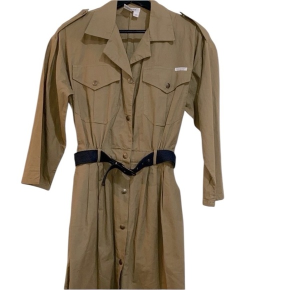 Vintage Dresses & Skirts - Vintage green safari style belted dress size 10